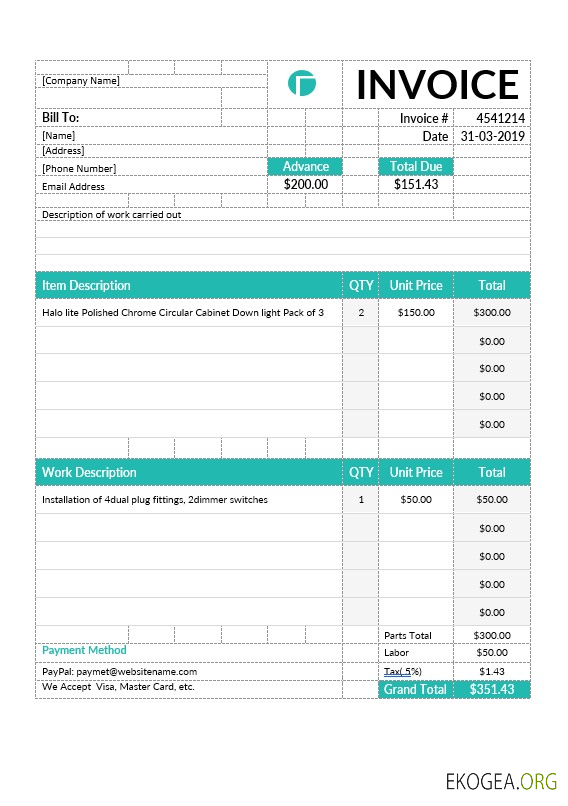 Modèle de facture d'entrepreneur en électricité